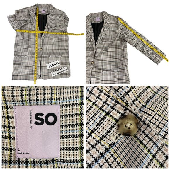 SO Blazer Womens Large Light Academia Jacket Work Office Casual Preppy Tan Plaid - Picture 3 of 16
